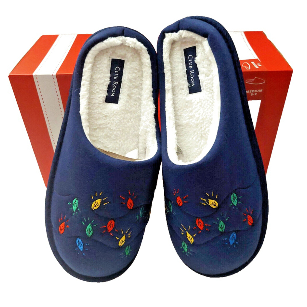 Club Room Men's Navy Blue Embroidered Indoor/Outdoor Slippers Size Medium 8-9